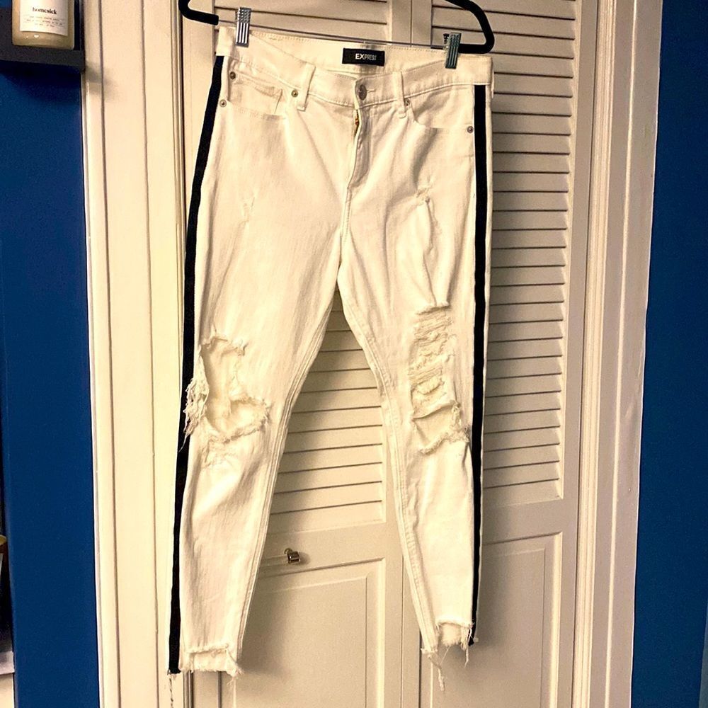 White express jeans with black stripe down side ripped/distressed